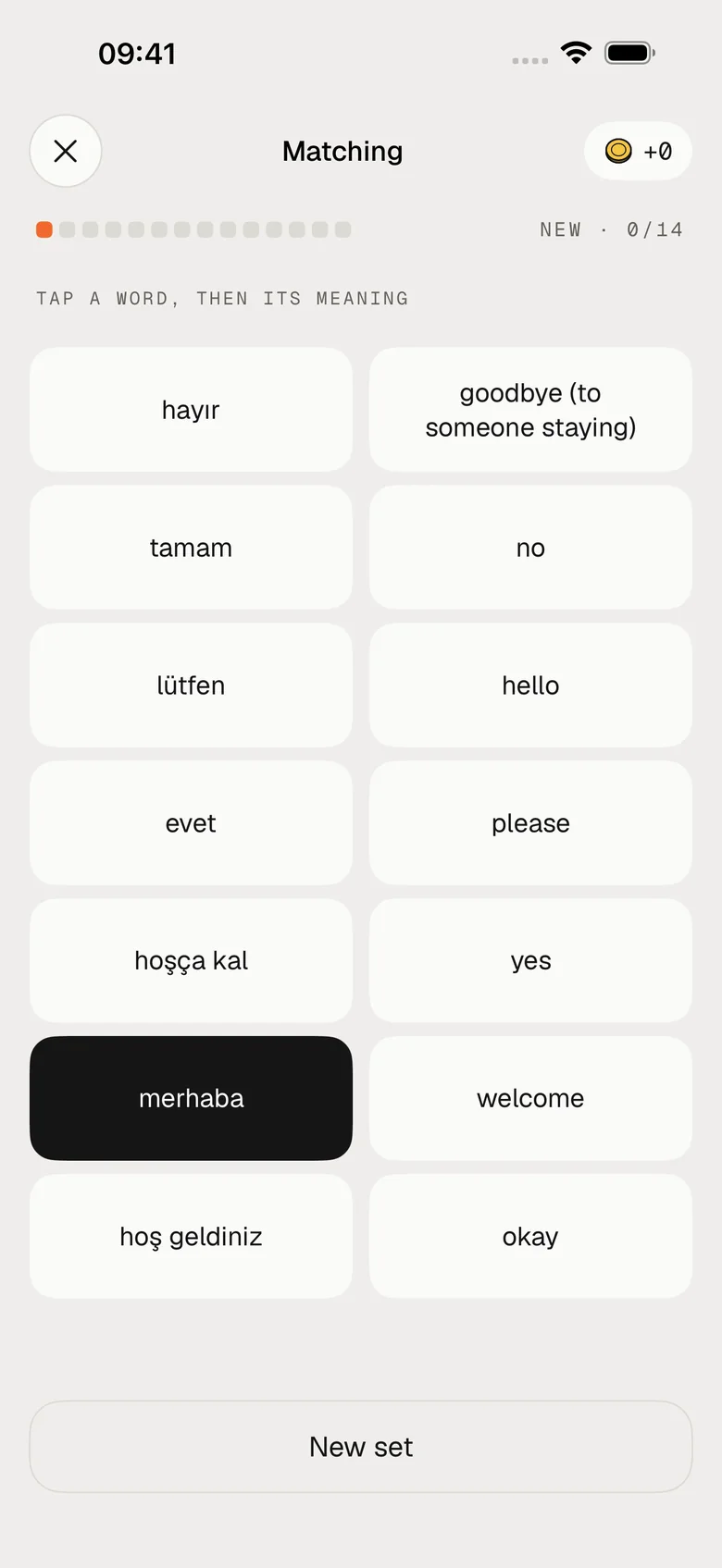 The Matching practice in Turkish: Turkish words such as “merhaba”, “evet” and “hayır” in one column and English meanings in the other; “merhaba” is picked.
