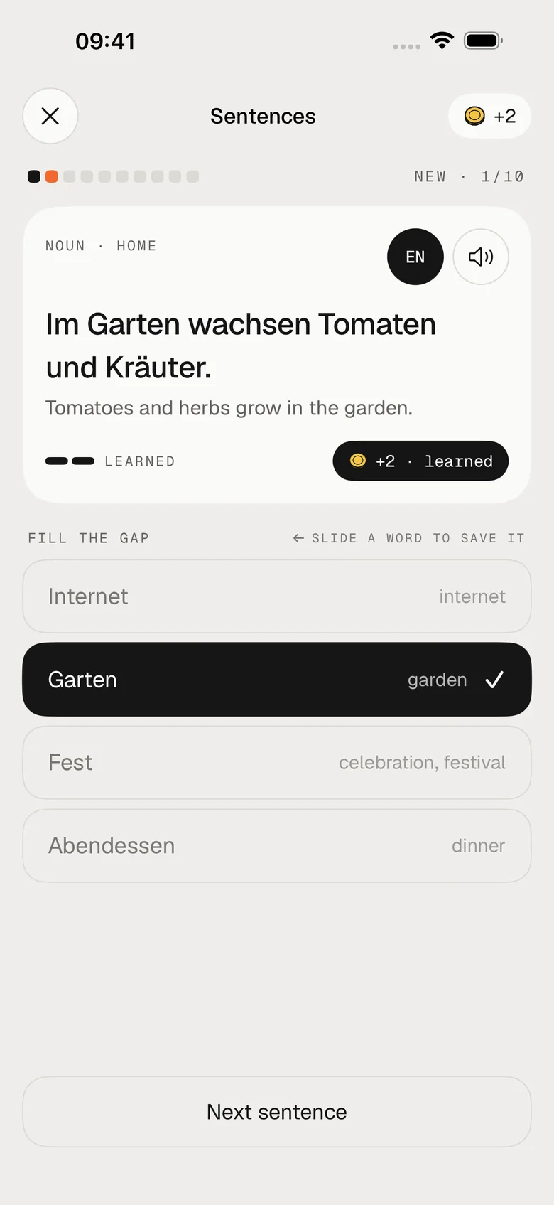 The Sentences practice: “Im Garten wachsen Tomaten und Kräuter.” with its English translation under it; the word “Garten” was picked for the gap.
