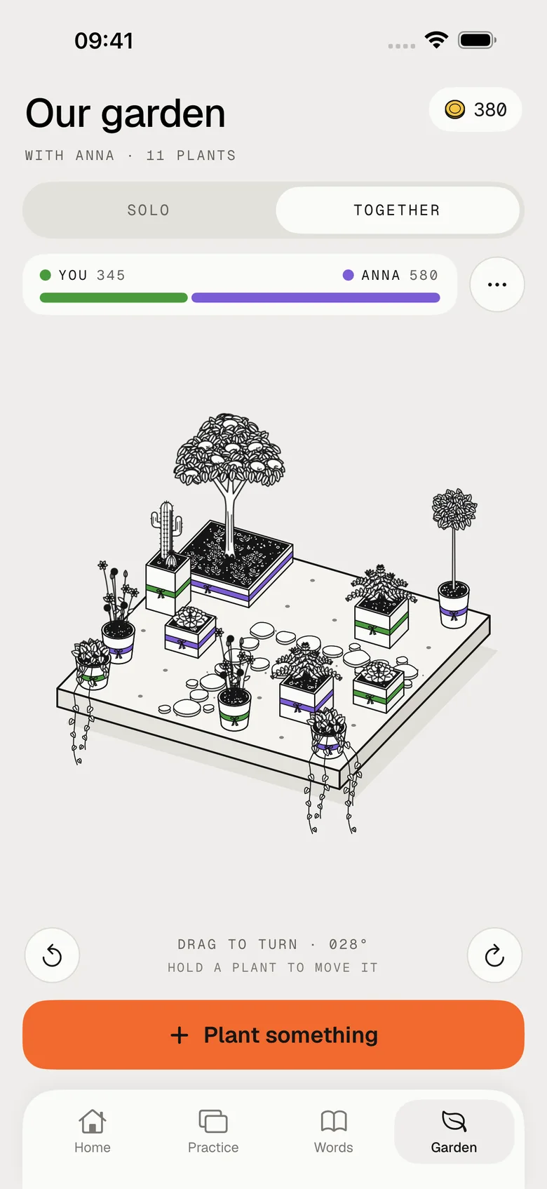 A garden for two in the app: plants with green ribbons are yours, plants with violet ribbons are Anna’s, and a bar shows the coins each of you has spent.